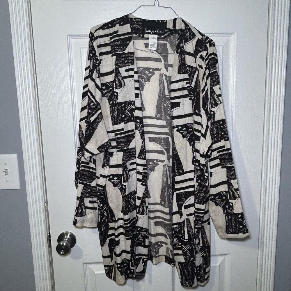 Anthony Mark Hankins Jacket Women's 14 Black Abstract Art Open Front Long Rayon